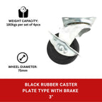 Black Rubber Caster Plate Type with Brake