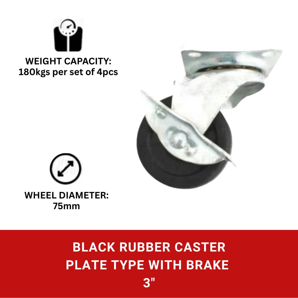 Black Rubber Caster Plate Type with Brake